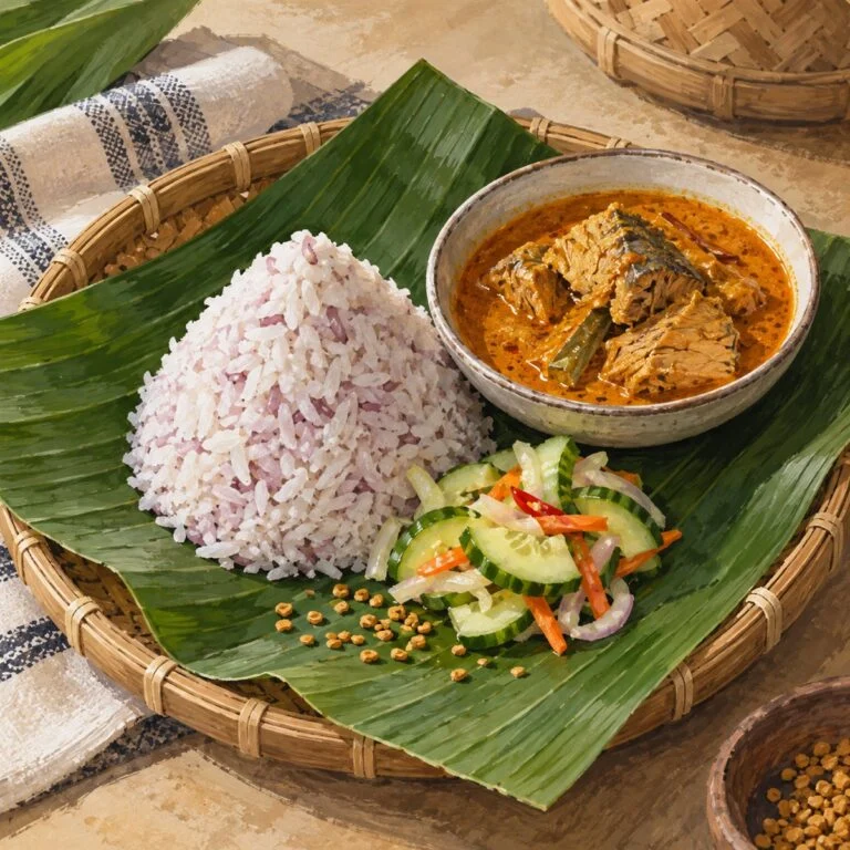香蕉叶上摆着一份椰香米饭、鱼咖喱和黄瓜腌菜的 Nasi Dagang 水彩插画。