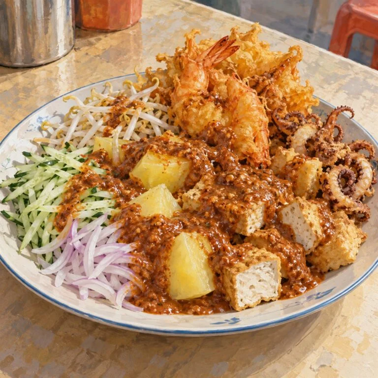 槟城 Pasembor 水彩插画，盘中有鲜虾饼、豆腐、马铃薯、蔬菜与花生酱。