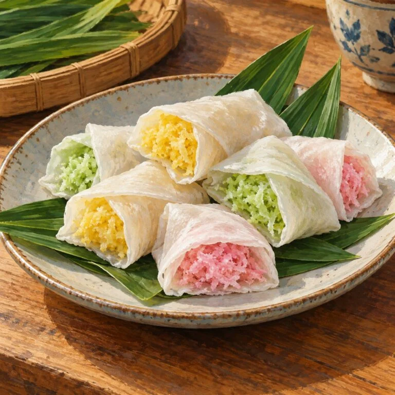 Kuih Bunga Pudak 水彩插画，薄白外皮折成小包，露出不同颜色的甜椰丝馅。