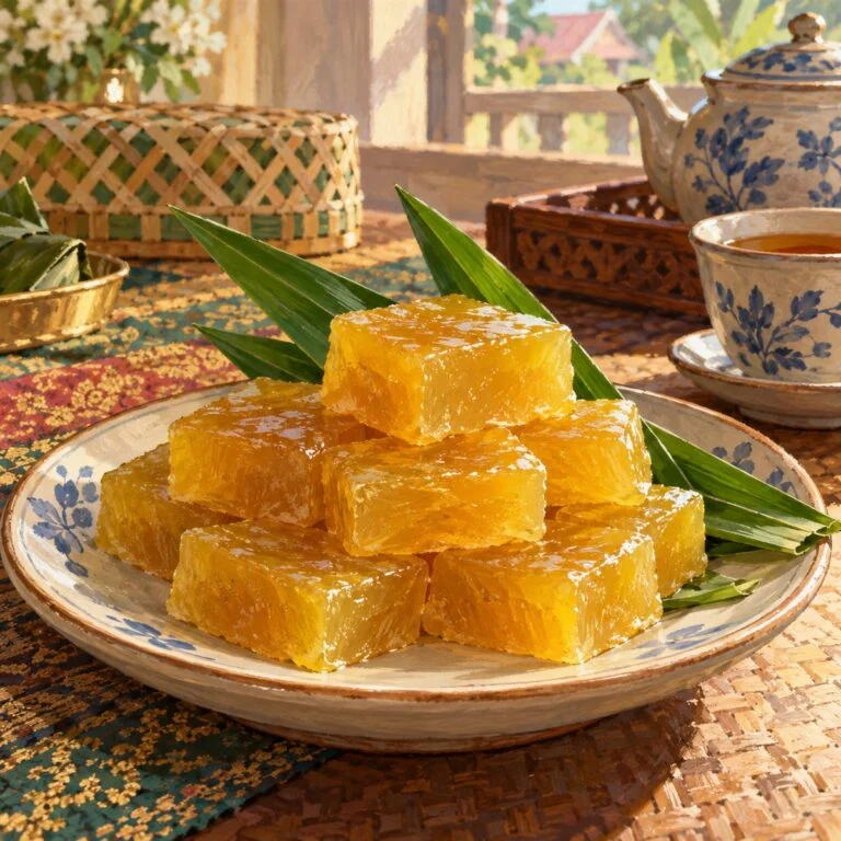 Halwa Maskat 水彩插画，金黄色半透明方块甜点摆在陶盘上。
