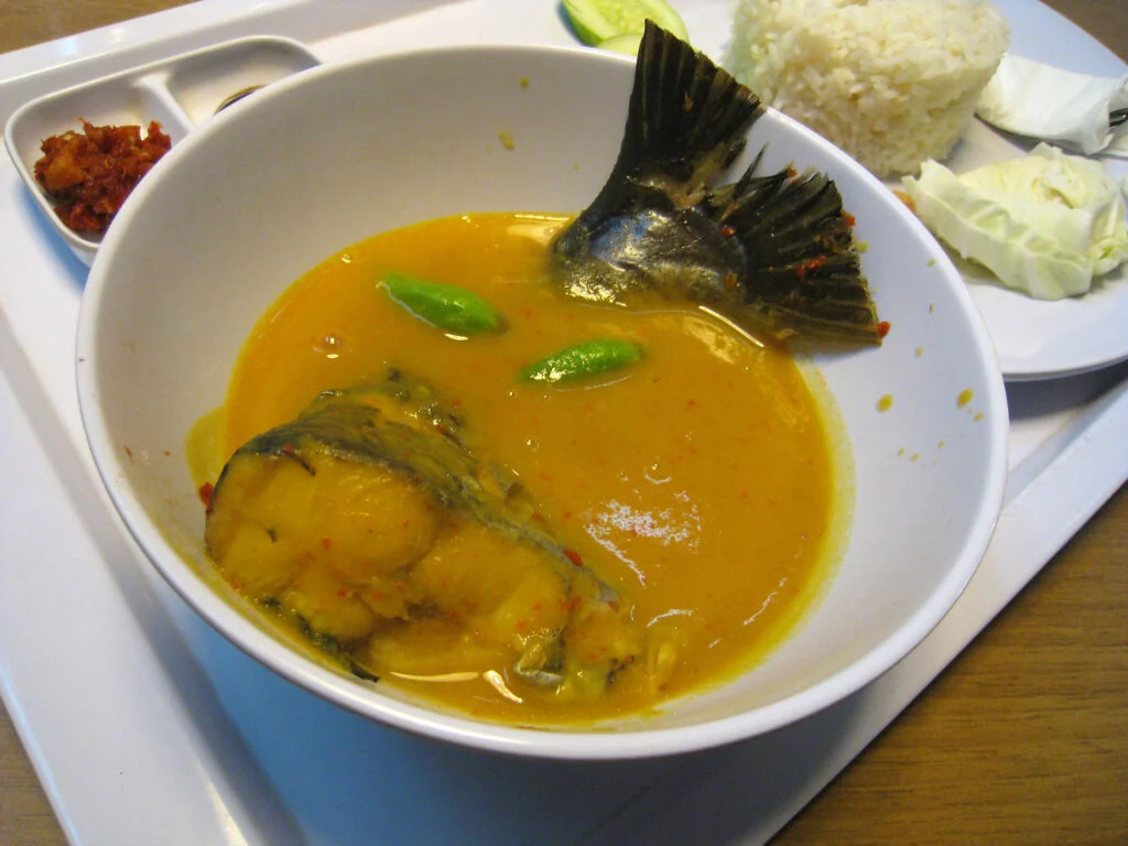 印尼巴邻旁风格的 tempoyak patin 鱼咖喱与白饭，作为相关菜式示意；并非彭亨菜的照片。