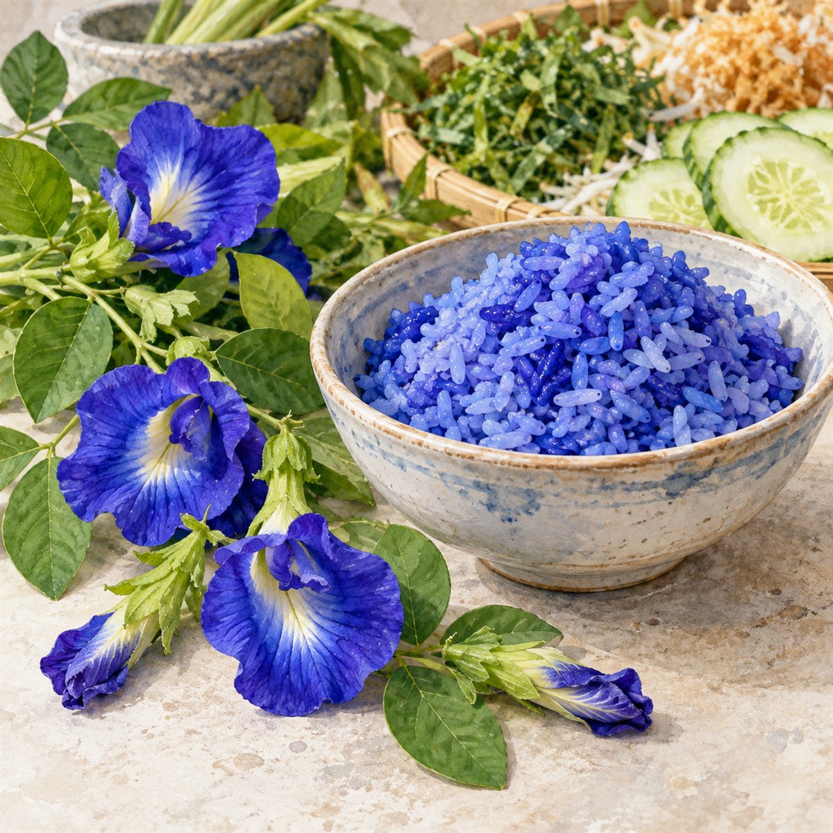 蓝紫色米饭与蓝花的 AI 概念插画，仅作视觉示意。