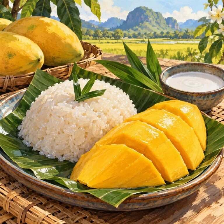 Pulut Harumanis 水彩插画，椰浆班兰糯米旁摆着金黄色 Harumanis 芒果切片。