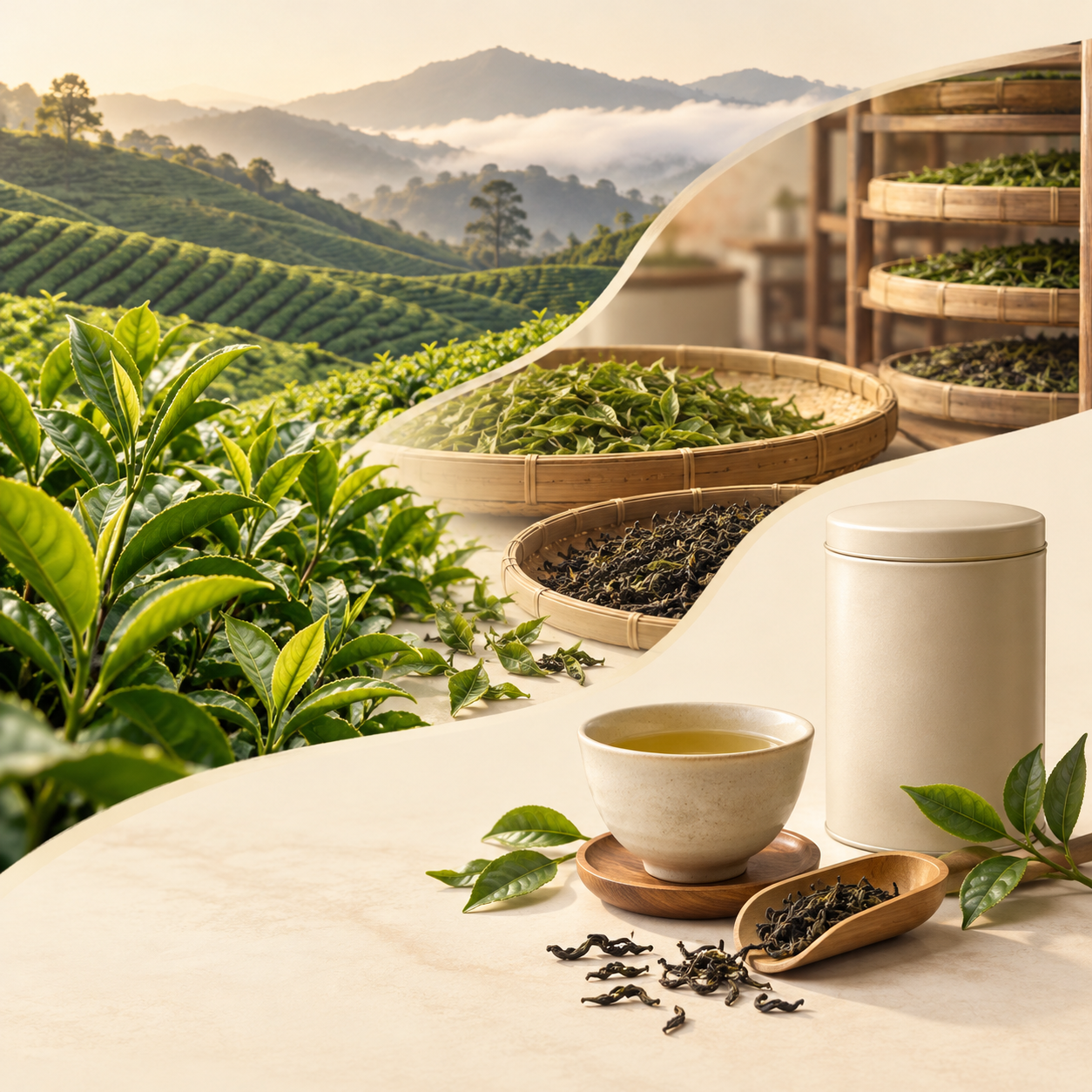 金马仑高原的茶怎样走出茶园：种植、制茶与品牌的两条路径的AI概念示意，非实拍、非史料或实验记录。