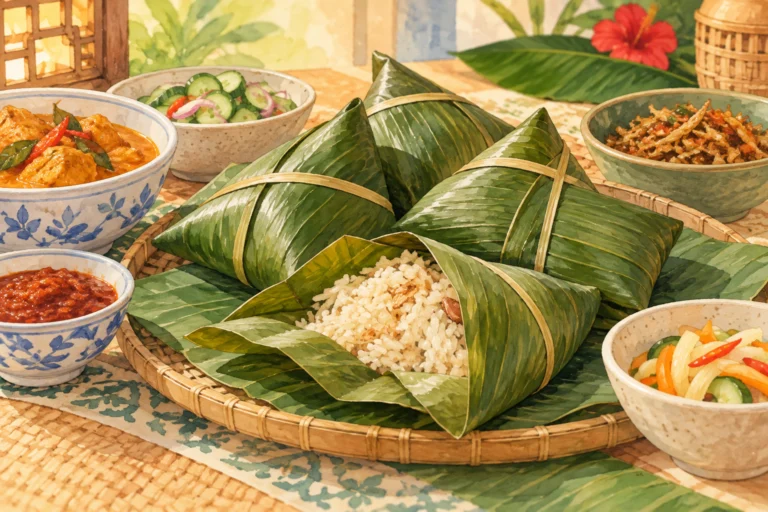 AI示意插画：香蕉叶包裹米饭与配菜碗，非历史图像或具体家庭实拍。