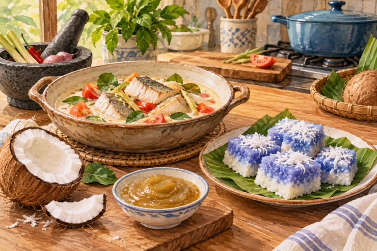 AI概念插画:鱼菜、蓝白糯米糕和厨房器具,表现家常传承主题,非实拍或文物影像。