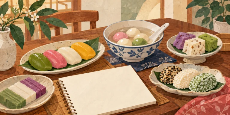 AI示意插画：家常糕点、汤圆与食谱笔记本，非张氏家庭实拍。