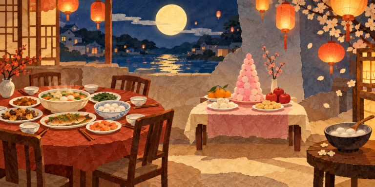 AI示意插画：分开的家宴、节食与元宵灯光场景，非真实家庭或祭仪复原。