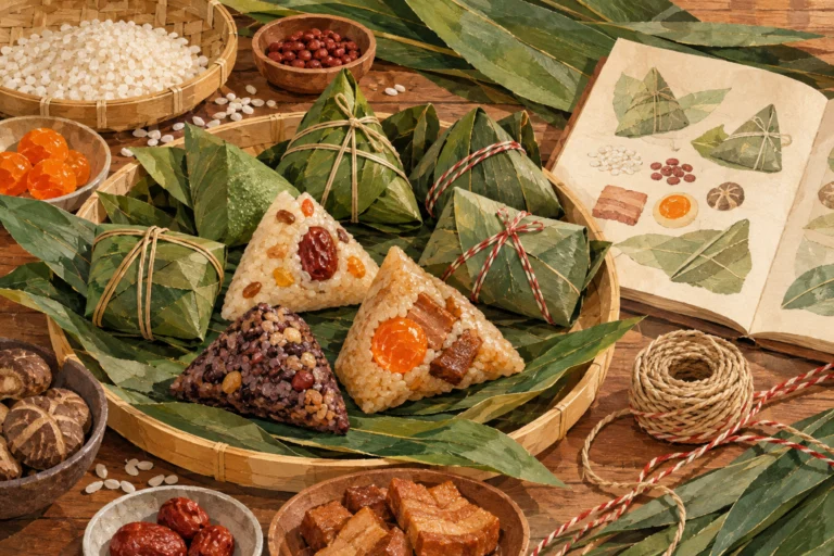 AI概念插画：竹叶、粽子、米粒与配方笔记，非具体家庭配方或活动实拍。