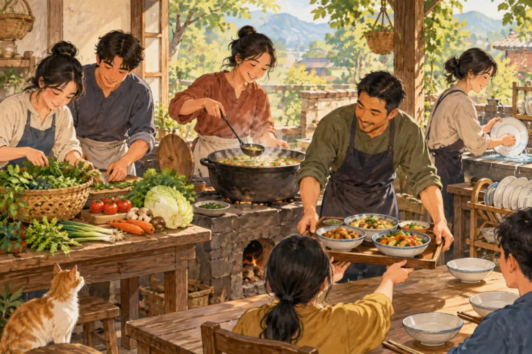 AI概念插画：共享厨房中的食材准备、烹饪、分餐与清洗，非田野实拍。