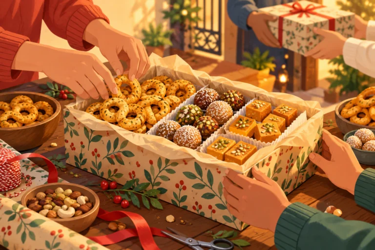 节庆点心礼盒与分享场景的AI主题示意插画，非实拍