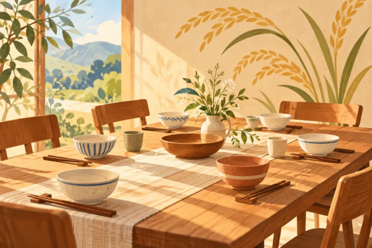 AI主题示意插画：Penampang的Kaamatan餐桌与社区相聚，非实拍或档案