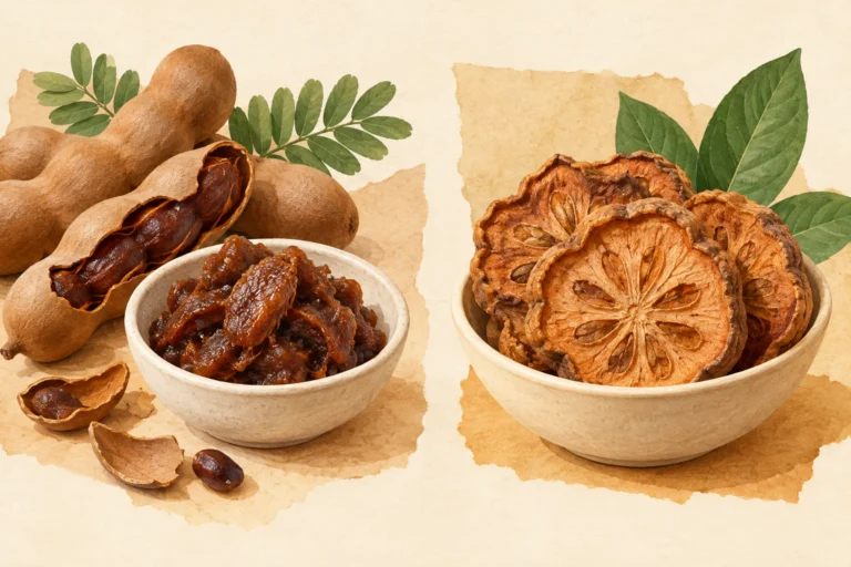 AI示意插画：罗望子果肉与亚参片两种原料的区别，非实拍