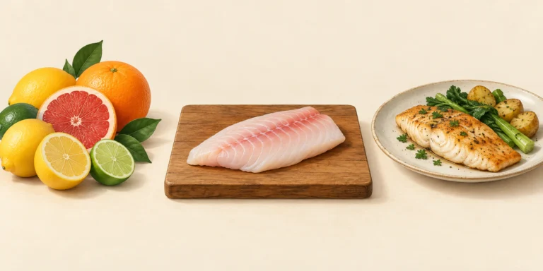 AI主题示意插画：柑橘、未处理鱼肉与熟鱼分开放置，非实拍、非食品安全验证。
