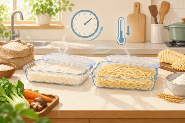 AI主题示意插画：熟饭和面食放凉后，非实拍或食品安全验证记录。