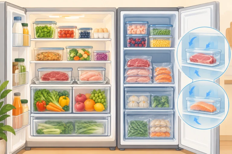AI主题示意插画：冷藏冷冻解冻，非实拍或食品安全验证记录。