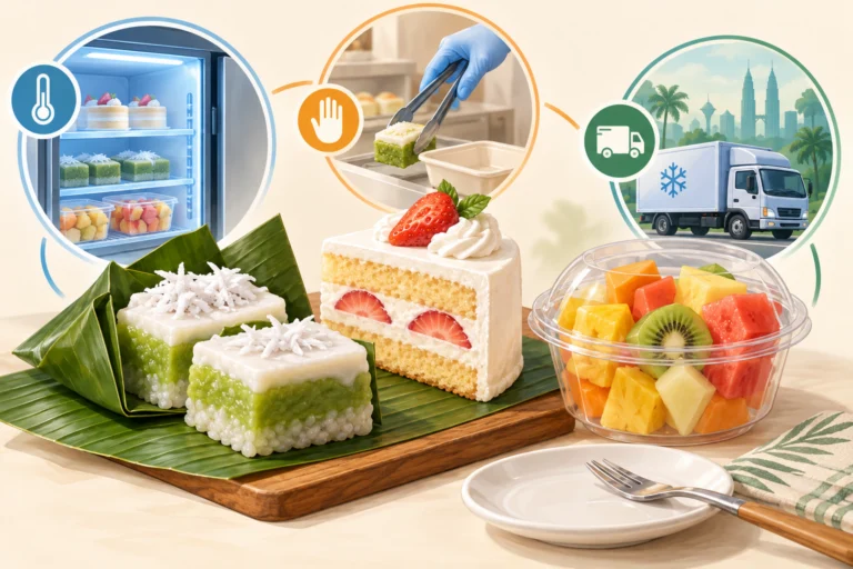 AI主题示意插画：椰浆糕、奶油甜点与切果：即食食品的冷链风险，非实物鉴定或安全认证。