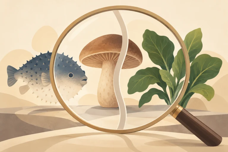 AI主题示意插画：河豚、野菇和野生植物：地方经验不能替代鉴定，非物种鉴定或安全认证。