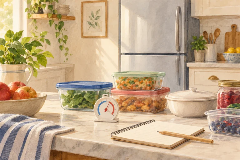 AI主题示意插画：停电之后的冰箱：怎样查证食物还能不能留，非实拍、非实验或安全认证。