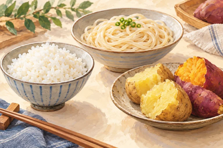 AI主题示意：米饭、面条和薯类：比较主食先比较什么，非实拍、非营养检测或个体食谱。