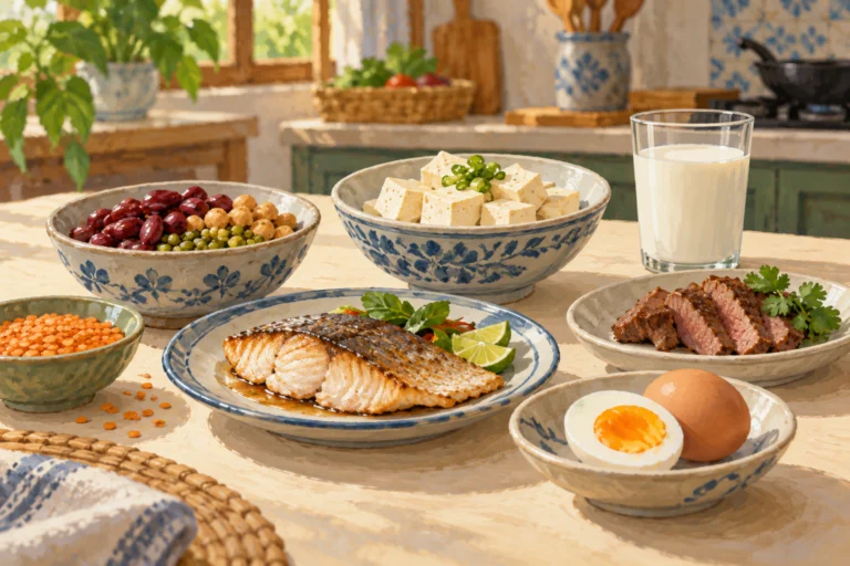 AI主题示意：豆、鱼、蛋、肉与奶：蛋白质来源怎样放进日常饮食，非实拍、非营养检测或个体食谱。
