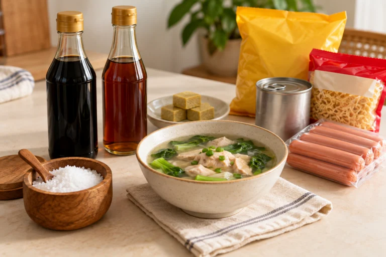 AI主题示意：盐从哪里来：酱料、汤底与加工食品的钠，非实拍、非检测结果或个体食谱。