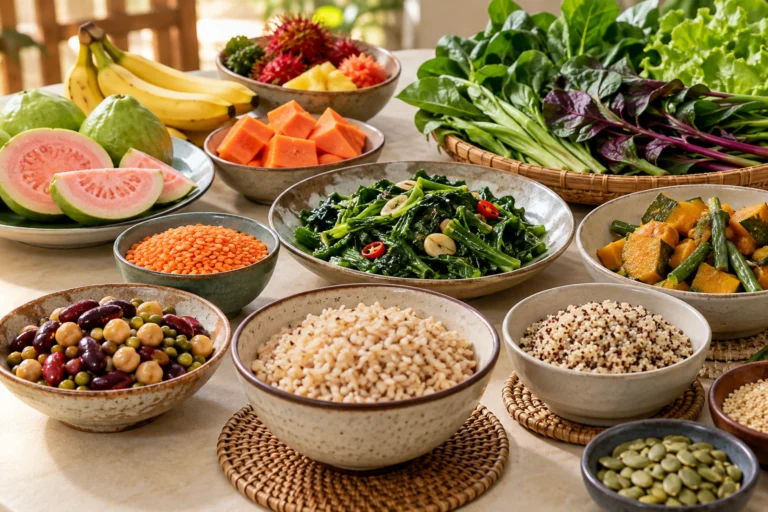 AI主题示意：蔬菜、水果和豆类的纤维：不只看一种超级食物，非实拍、非检测结果或个体食谱。