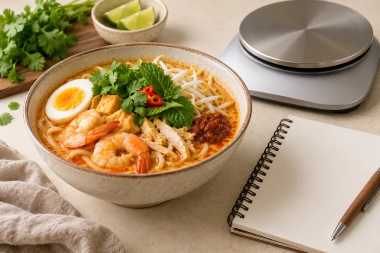 AI主题示意：一碗叻沙到底多少热量：食物数据库的用法与边界，非实拍、非检测结果或个体食谱。