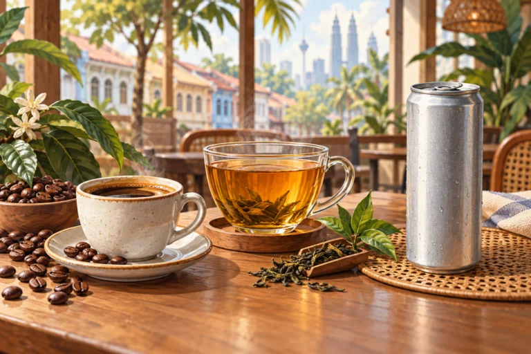 AI概念示意：咖啡、茶与能量饮料：咖啡因的剂量和个体差异，非实拍、非实验结果。