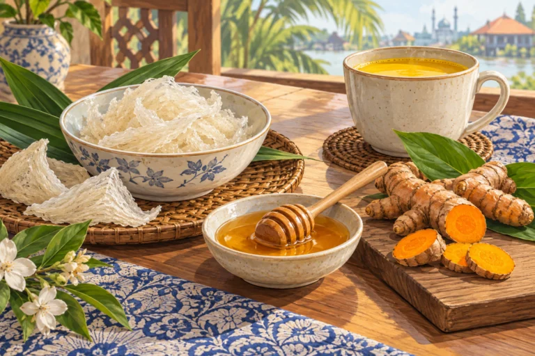 AI概念示意：燕窝、蜂蜜与姜黄补充剂：食物研究不等于治病证据，非实拍、非实验结果。