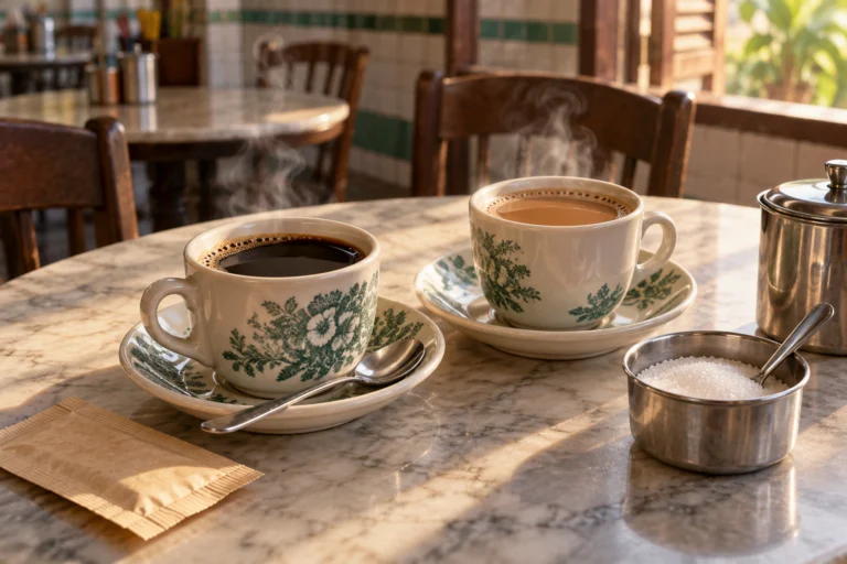AI 生成示意插画：kopitiam 桌上有两杯颜色不同的马来西亚咖啡，表现 Kopi O 与 Kopi C 的点单辨别，非实地摄影。