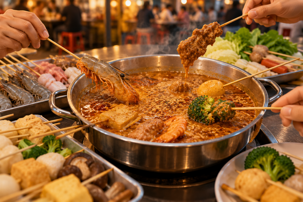 AI 生成示意插画：串物在一锅浓稠花生酱汁中涮煮，表现马六甲 Satay Celup 用餐方式，非实拍。